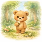 Pofuduk Ayı, Fısıltı Ormanı’nda çiçek tutarken gülümseyen sevimli ayı karakteri