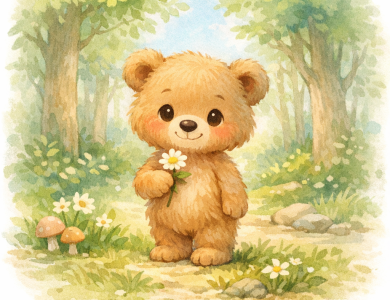 Pofuduk Ayı, Fısıltı Ormanı’nda çiçek tutarken gülümseyen sevimli ayı karakteri