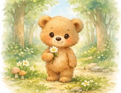 Pofuduk Ayı ve Fısıltı Ormanı’ndaki İlk Fısıltı 8 Pofuduk Ayı, Fısıltı Ormanı’nda çiçek tutarken gülümseyen sevimli ayı karakteri