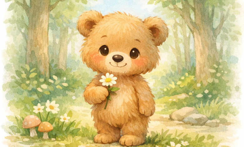 Pofuduk Ayı, Fısıltı Ormanı’nda çiçek tutarken gülümseyen sevimli ayı karakteri